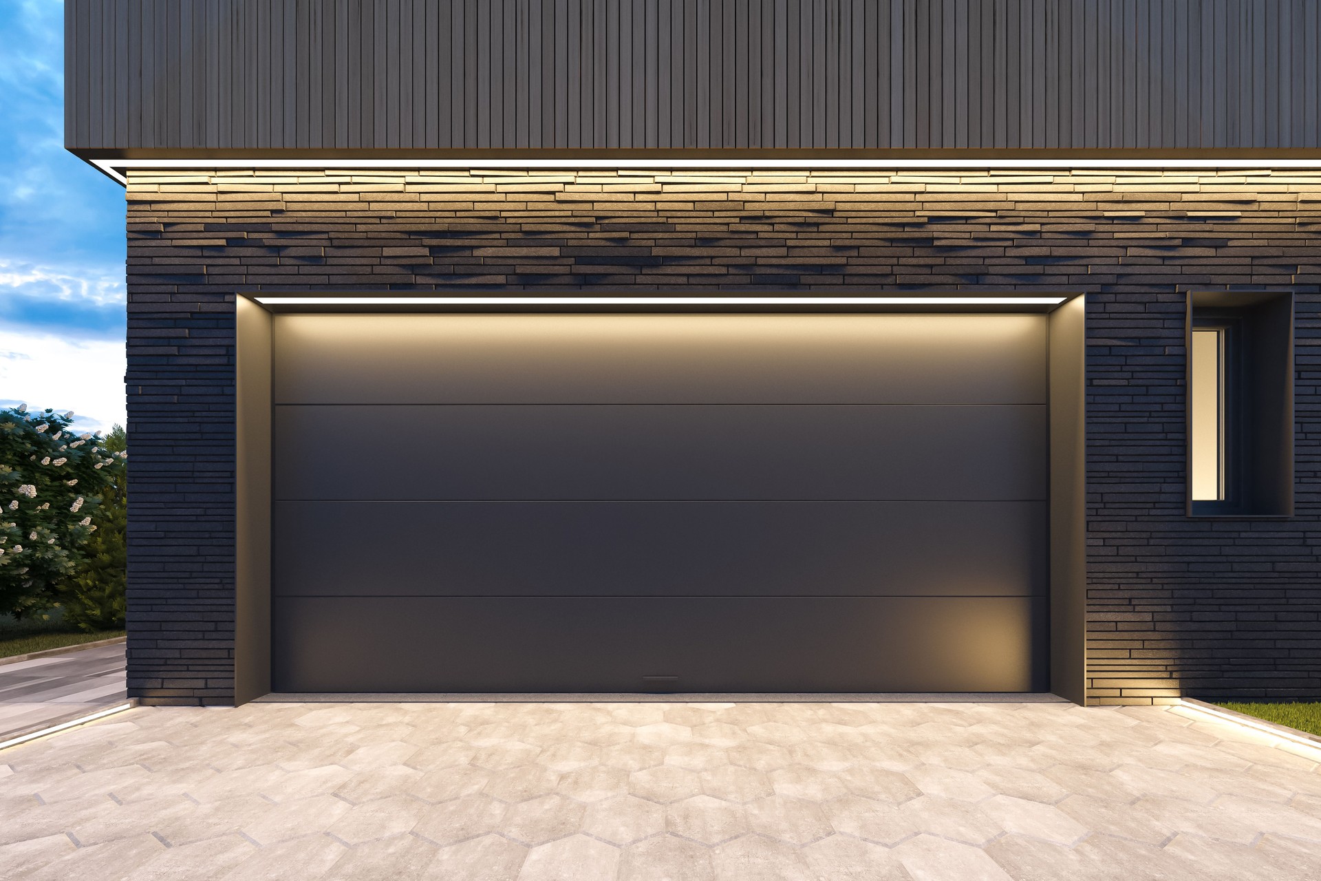 Modern Double Garage Entrance with Dark Sectional Roll-Up Doors